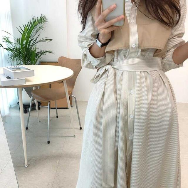 ワンピース 上着 人気 おすすめ おしゃれ お洒落 激安 安い 送料無料 プチプラ ブラウス シャツ 長袖 ロング ロングスカート ウエスト ベルト オープンカラー 開襟 柄 ストライプ リボン