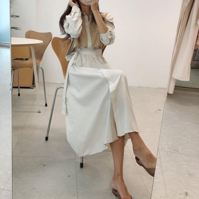 ワンピース 上着 人気 おすすめ おしゃれ お洒落 激安 安い 送料無料 プチプラ ブラウス シャツ 長袖 ロング ロングスカート ウエスト ベルト オープンカラー 開襟 柄 ストライプ リボン
