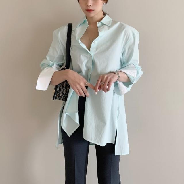 トップス レディース ワイシャツ ブラウス 袖あり 長袖 レギュラーカラー バイカラー スリット ロングテール タック パフスリーブ かわいい 大人可愛い きれいめ シンプル カジュアル 大人の通販は