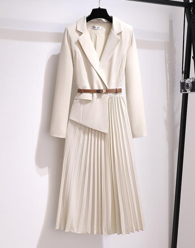 ワンピース セットアップ風 ジャケット ドッキング 上着 スーツ アシンメトリー ベルト付き ジャケット レトロ スカート ミディアム丈 膝丈 袖あり 長袖 かわいい 大人可愛い きれいめ ワンピース セットアップ風 ジャケット ドッキング 上着 スーツ