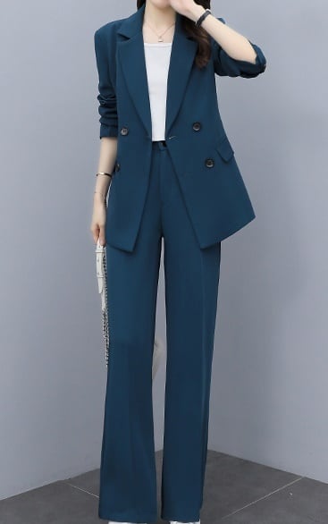 セットアップ スーツ パンツ ボトムス ジャケット ダブルブレスト 長袖 ロング 無地 センタープレス スラックス アンクル丈 ハイウエスト ストレート 襟付き Vネック レトロ_1