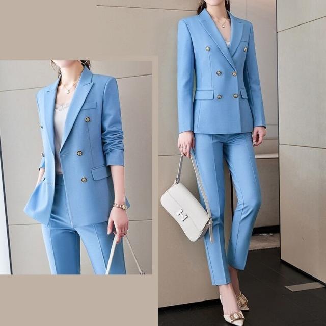 セットアップ スーツ パンツ ボトムス ジャケット ダブルブレスト 長袖 ロング 無地 センタープレス スラックス アンクル丈 ハイウエスト ストレート 襟付き Vネック レトロ_9