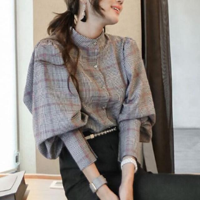 トップス グレンチェック ブラウス 長袖 ボリュームスリーブ バックリボン ハイウエスト タックネック ランタンスリーブ 上品 チェック柄 ハイネック 人気 おすすめ おしゃれ お洒落 激安の通販は
