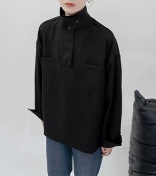 トップス 長袖 シャツ 斜めボタン タックネック レトロ メンズライク