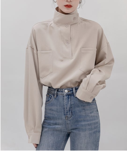 トップス 長袖 シャツ 斜めボタン タックネック レトロ メンズライク