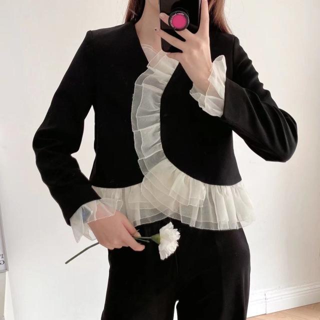 アウター ジャケット 袖あり 長袖 襟なし ストレート シフォン フリル かわいい 大人可愛い おしゃれ アジアン エキゾチック 大人可愛い ラブリー キュート ガーリー 無地 春 秋 10代 20代の通販は