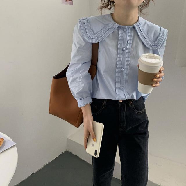 トップス レディース ブラウス 袖あり 長袖 クルーネック 襟付き フリル ラージカラー フリル タック パフスリーブ かわいい 大人可愛い きれいめ シンプル カジュアル 大人 上品 おしゃれ_13