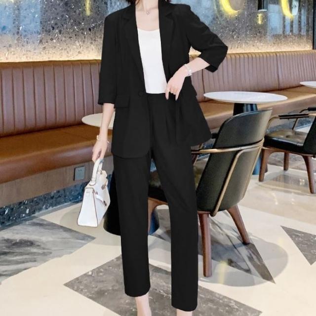 セットアップ スーツ パンツ ボトムス ジャケット シングルブレスト 長袖 ロング アンクル丈 ワンタック ハイウエスト クロップパンツ ストレート 襟付き Vネック レトロ ビッグシルエット