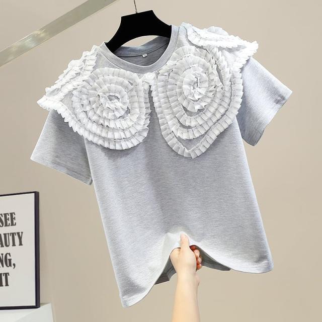 トップス Tシャツ カットソー プルオーバー 袖あり 半袖 クルーネック レース フリル かわいい 大人可愛い きれいめ シンプル カジュアル 大人 上品 おしゃれ お洒落 レトロ 大人可愛い