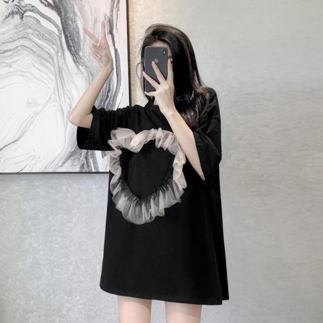 トップス Tシャツ カットソー 袖あり 半袖 クルーネック チュール ハートフリル ビッグシルエット オーバーサイズ  かわいい 大人可愛い きれいめ シンプル カジュアル おしゃれ 無地 春 夏の通販はTシャツ