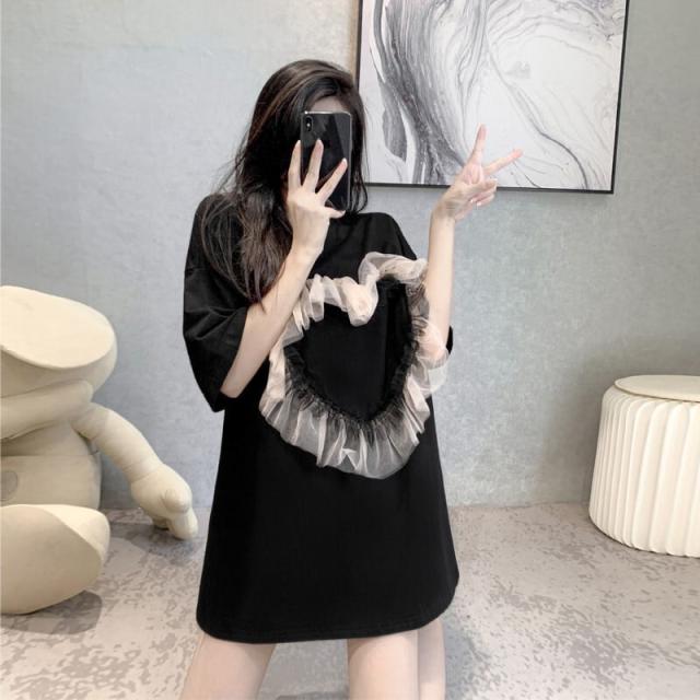 トップス Tシャツ カットソー 袖あり 半袖 クルーネック チュール ハートフリル ビッグシルエット オーバーサイズ  かわいい 大人可愛い きれいめ シンプル カジュアル おしゃれ 無地 春 夏の通販は