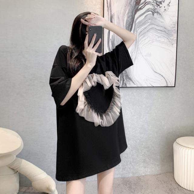 トップス Tシャツ カットソー 袖あり 半袖 クルーネック チュール ハートフリル ビッグシルエット オーバーサイズ  かわいい 大人可愛い きれいめ シンプル カジュアル おしゃれ 無地 春 夏の通販は