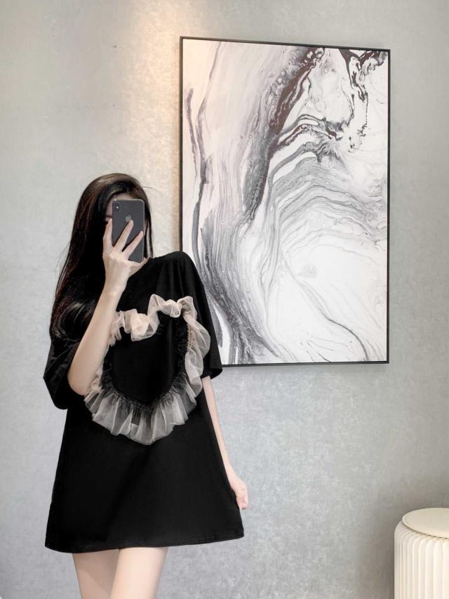 トップス Tシャツ カットソー 袖あり 半袖 クルーネック チュール ハートフリル ビッグシルエット オーバーサイズ  かわいい 大人可愛い きれいめ シンプル カジュアル おしゃれ 無地 春 夏の通販は