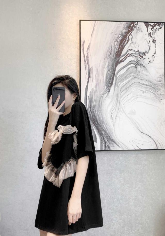 トップス Tシャツ カットソー 袖あり 半袖 クルーネック チュール ハートフリル ビッグシルエット オーバーサイズ  かわいい 大人可愛い きれいめ シンプル カジュアル おしゃれ 無地 春 夏の通販は