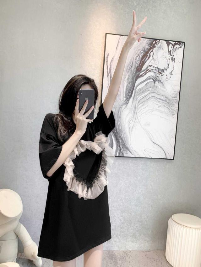 トップス Tシャツ カットソー 袖あり 半袖 クルーネック チュール ハートフリル ビッグシルエット オーバーサイズ  かわいい 大人可愛い きれいめ シンプル カジュアル おしゃれ 無地 春 夏の通販は