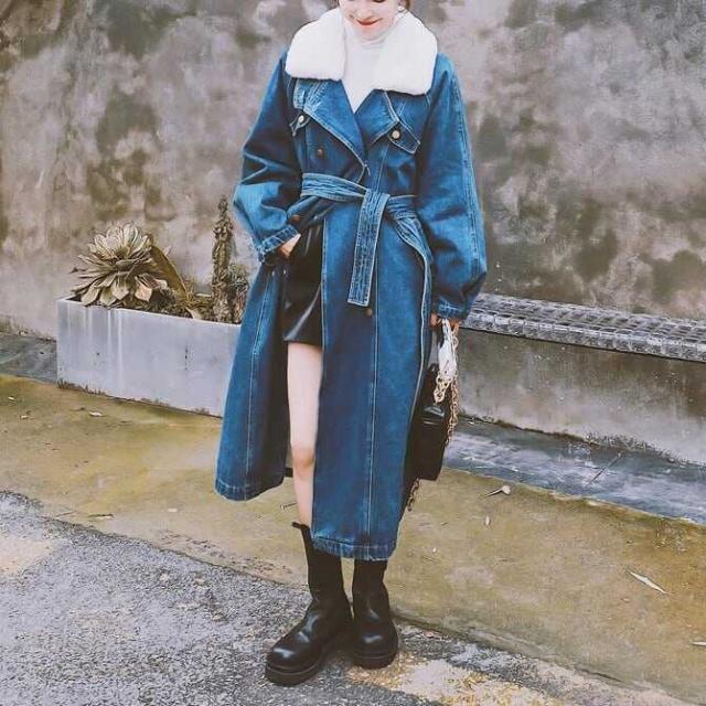 コート アウター ロング モノトーン ハイネック デニム ボア フェイクファー ベルト付き ウエストマーク スタンドカラー チェスターコート ガウンコート ミディアム丈 袖あり 長袖