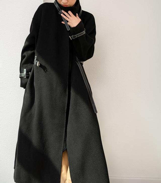 コート アウター ロング ハイネック モノトーン ベルト付き モード ミディアム丈 袖あり 長袖 ポケット付き アウター 羽織り 大人可愛い きれいめ シンプル カジュアル おしゃれ レトロ_15