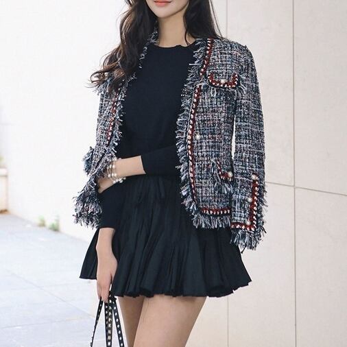 ジャケット レディース ノーカラージャケット バイカラー フリンジ パール ポケット装飾 バイカラー ツイード クルーネック ショート丈 パフスリーブ アウター ミディアム丈