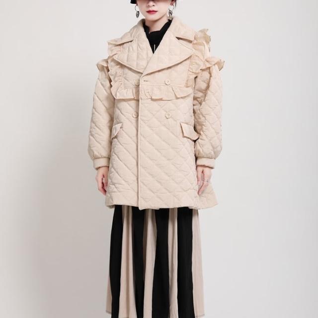 中綿コート レディース アウター キルティングジャケット 切り替え フリル 襟付き ダブルブレスト ノーカラー キルティング 薄手 マニッシュ 薄手 韓国風 幾何学模様  ロング丈 軽い 軽量 中綿コート レディース アウター キルティングジャケット 切り替え