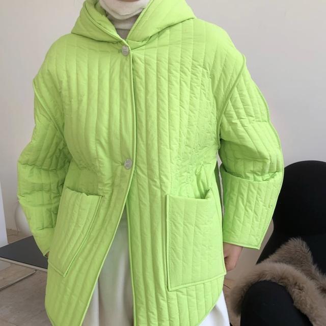 中綿コート レディース アウター キルティングジャケット 切り替え ノーカラー ストライプ フード付き 軽量 薄手 マニッシュ 薄手 韓国風 幾何学模様  ロング丈 軽い 軽量  冬服 厚手