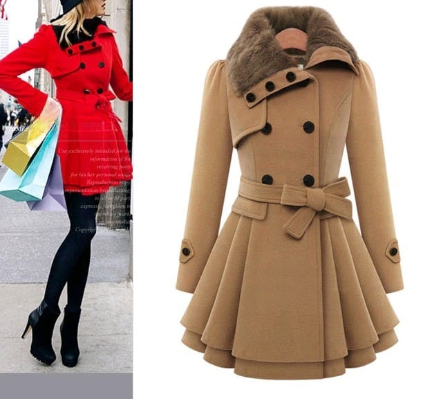 コート アウター ミディアム丈 スリット モノトーン フレア ラージカラー フェイクファー ベルト ダブルブレス ターコート ミディアム丈 袖あり 長袖 ポケット付き アウター 羽織り