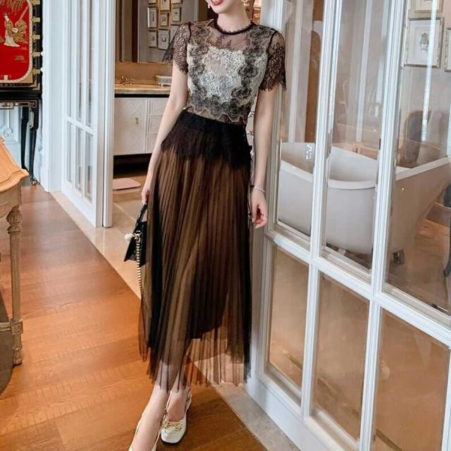 セットアップ 上着 2点セット クロップ丈 トップス ブラウス 半袖 メッシュ スカート プリーツ チュール 透け感 レトロ ショート丈 膝上 クルーネック 上下セット 2点セット ツーピース