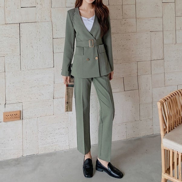 セットアップ スーツ パンツ ボトムス ジャケット メタルボタン ベルト付き ノーカラー 長袖 ロング アンクル丈 センタープレス スリム ハイウエストストレート 襟付き Vネック レトロの通販は