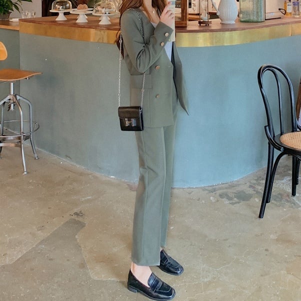 セットアップ スーツ パンツ ボトムス ジャケット メタルボタン ベルト付き ノーカラー 長袖 ロング アンクル丈 センタープレス スリム ハイウエストストレート 襟付き Vネック レトロ_2