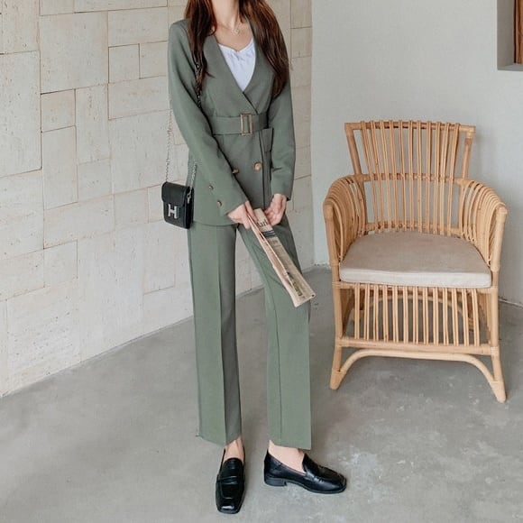 セットアップ スーツ パンツ ボトムス ジャケット メタルボタン ベルト付き ノーカラー 長袖 ロング アンクル丈 センタープレス スリム ハイウエストストレート 襟付き Vネック レトロ_12