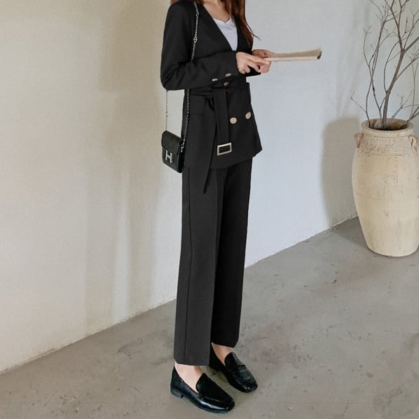 セットアップ スーツ パンツ ボトムス ジャケット メタルボタン ベルト付き ノーカラー 長袖 ロング アンクル丈 センタープレス スリム ハイウエストストレート 襟付き Vネック レトロ_16