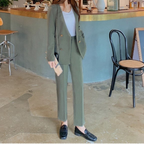 セットアップ スーツ パンツ ボトムス ジャケット メタルボタン ベルト付き ノーカラー 長袖 ロング アンクル丈 センタープレス スリム ハイウエストストレート 襟付き Vネック レトロ_18
