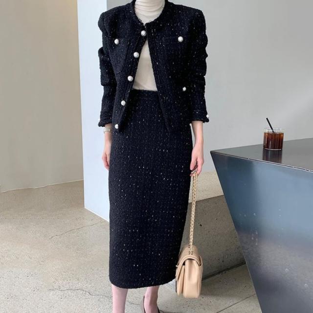 セットアップ ジャケット 上着 2点セット スーツ ツイード メランジ ショート丈 タイトスカート パールボタン ペンシルスカート クラシカル 格子柄  膝上 袖あり 長袖 上下セット