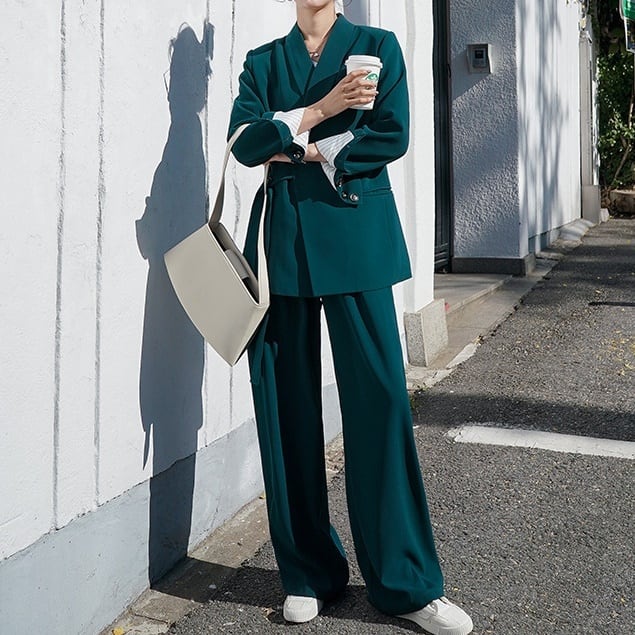 セットアップ スーツ パンツ ボトムス ジャケット アシンメトリー サイドベルト ストライプ裏地 ワンタック 長袖 ロング アンクル丈 ハイウエスト ストレート 襟付き Vネック レトロ_1