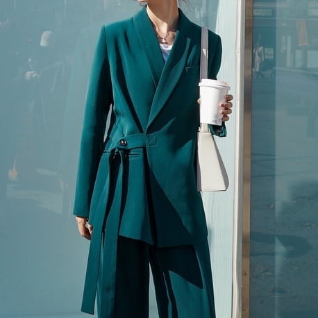 セットアップ スーツ パンツ ボトムス ジャケット アシンメトリー サイドベルト ストライプ裏地 ワンタック 長袖 ロング アンクル丈 ハイウエスト ストレート 襟付き Vネック レトロ_4