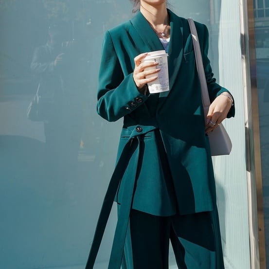 セットアップ スーツ パンツ ボトムス ジャケット アシンメトリー サイドベルト ストライプ裏地 ワンタック 長袖 ロング アンクル丈 ハイウエスト ストレート 襟付き Vネック レトロ_5