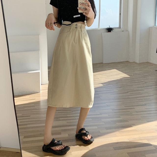 スカート ボトムス ミディアム丈 カラーデニム フレア Aライン ポケット付き ウエストゴム ボリューム モード ハイウエスト ワイド ゆったり ストレッチ 韓国 かわいい 可愛い リラックスの通販は