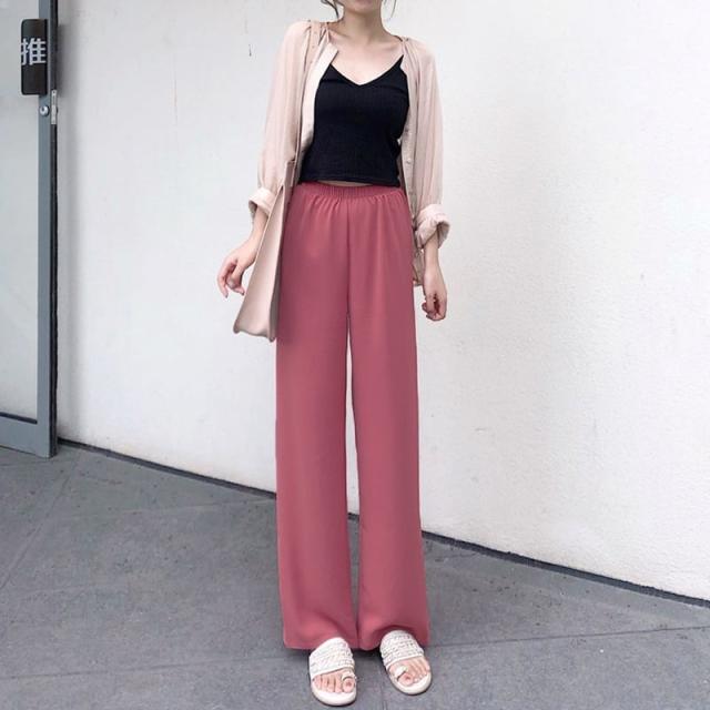 ラフパンツ ボトムス 長ズボン スラックス 無地 ナチュラルカラー レトロ フレアパンツ スリット ウエストゴム セミフレア パンツ ハイウエスト  ストレッチ ストレッチ 美脚 動きやすい