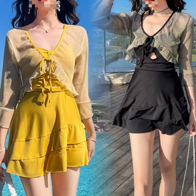 水着 スイムウェア レディース 羽織り ワンピース バンドゥ 二の腕カバー 長袖 レイヤード フリル 2点セット 3点セット 大人可愛い きれいめ セクシー シンプル カジュアル おしゃれ 主役級