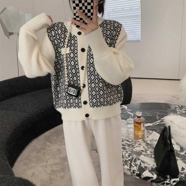 カーディガン トップス 長袖 クルーネック 幾何学模様 バイカラー 上着 お洒落 送料無料 プチプラ トレーナー スウェット ニット セーター カットソー 長袖 ロング リブニット