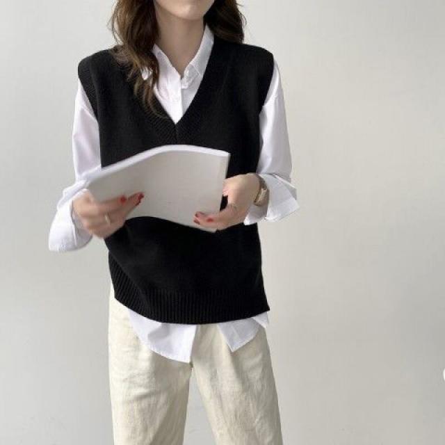 トップス ベスト 袖なし 袖あり Vネック かわいい 大人可愛い シンプル カジュアル 大人 おしゃれ お洒落 無地 春 夏 秋 10代 20代 30代 40代 レディース オフィス OL 通勤 学生 通学 お出かけ_1