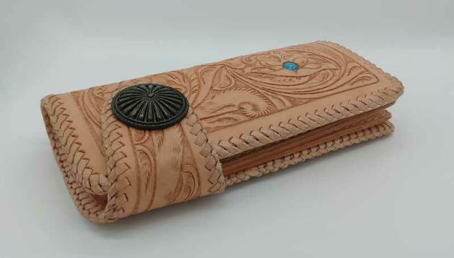 カービング財布　カービングウォレット　ターコイズ　ウォレットチェーン　セット　バイカーズ　長財布　レザー　牛革　手作り　手彫り