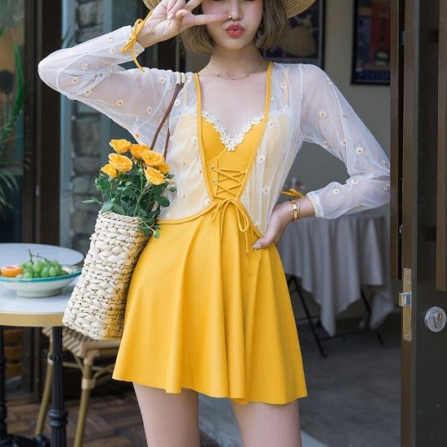 水着 ビキニ スイムウェア ワンピース水着 セクシービキニ 体系カバー水着 羽織り ワンピース 体系カバー 二の腕カバー リボン レースアップ ハイウエスト 透け感 シャーリング 胸元 谷間 谷間魅せ 盛れる セット 3点セット