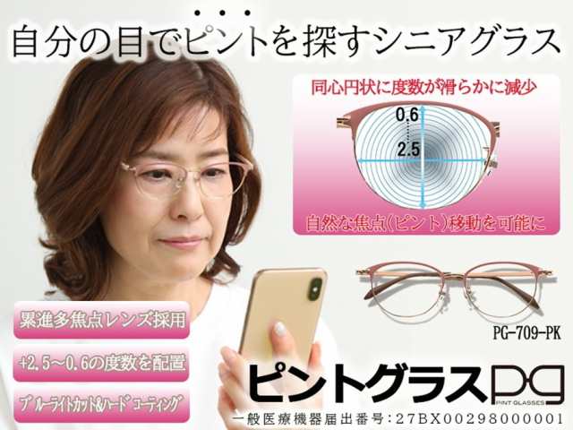 ピントグラス 老眼鏡 度数 調節 シニアグラス 近視 遠視 老眼 メガネ 最安値 視力 補正 ブルーライト カット 中度 パソコン スマホ PG-70