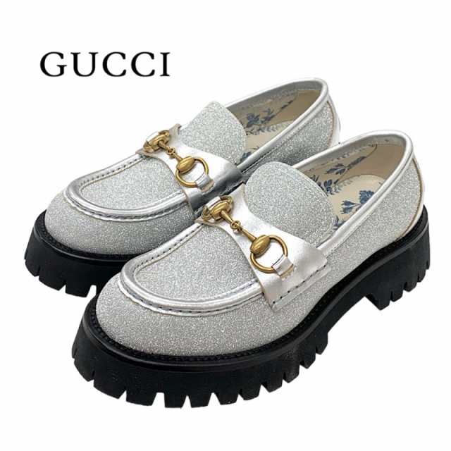 グッチ GUCCI ローファー 革靴 靴 シューズ レザー シルバー ゴールド ラメ ホースビット beeの通販はローファー