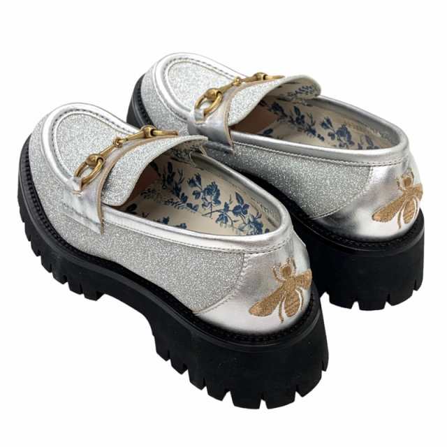 グッチ GUCCI ローファー 革靴 靴 シューズ レザー シルバー ゴールド ラメ ホースビット beeの通販は