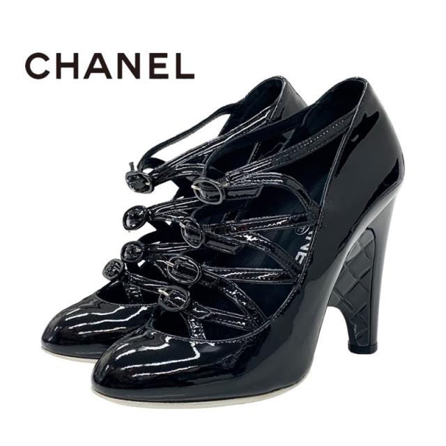 シャネル パテント ストラップベルト パンプス ブラック シャネル CHANEL パンプス ストラップベルト パテント ブラック