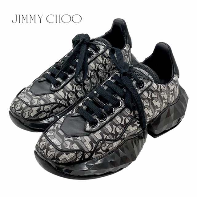 未使用 ジミーチュウ JIMMY CHOO ダイヤモンド スニーカー 靴 シューズ ラメ ロゴ レザー ブラック シルバー