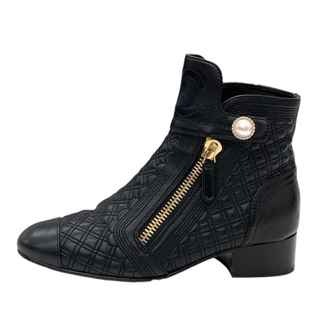 シャネル CHANEL ブーツ ショートブーツ 靴 シューズ ココマーク パール キルティング レザー ブラック 黒_2