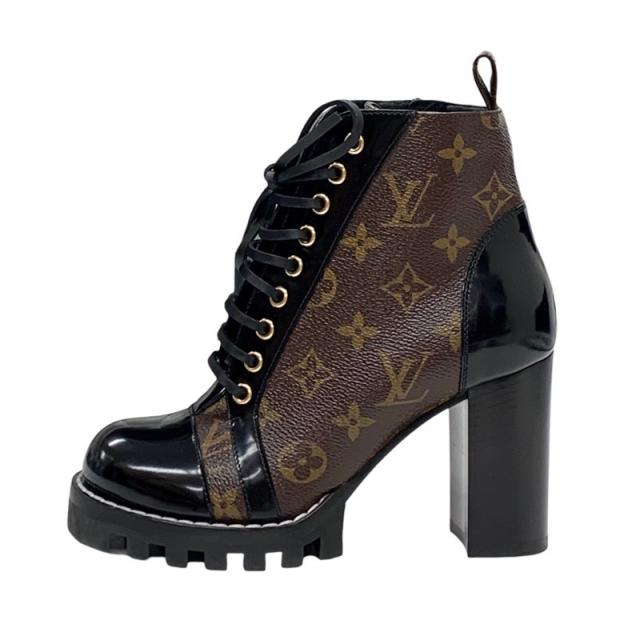 ルイヴィトン LOUIS VUITTON スタートレイルライン モノグラム 遊撃手ブーツ アンクルブーツ スピード競技脹れ上がる なめし革 黒いこと 赤銅色