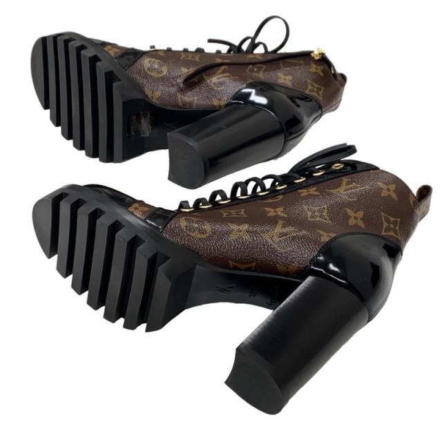 ルイヴィトン LOUIS VUITTON スタートレイルライン モノグラム 遊撃手ブーツ アンクルブーツ スピード競技脹れ上がる なめし革 黒いこと 赤銅色